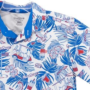 Good Good Golf Mens Small Red White Blue Hawaiian USA American Flag Polo Shirt
